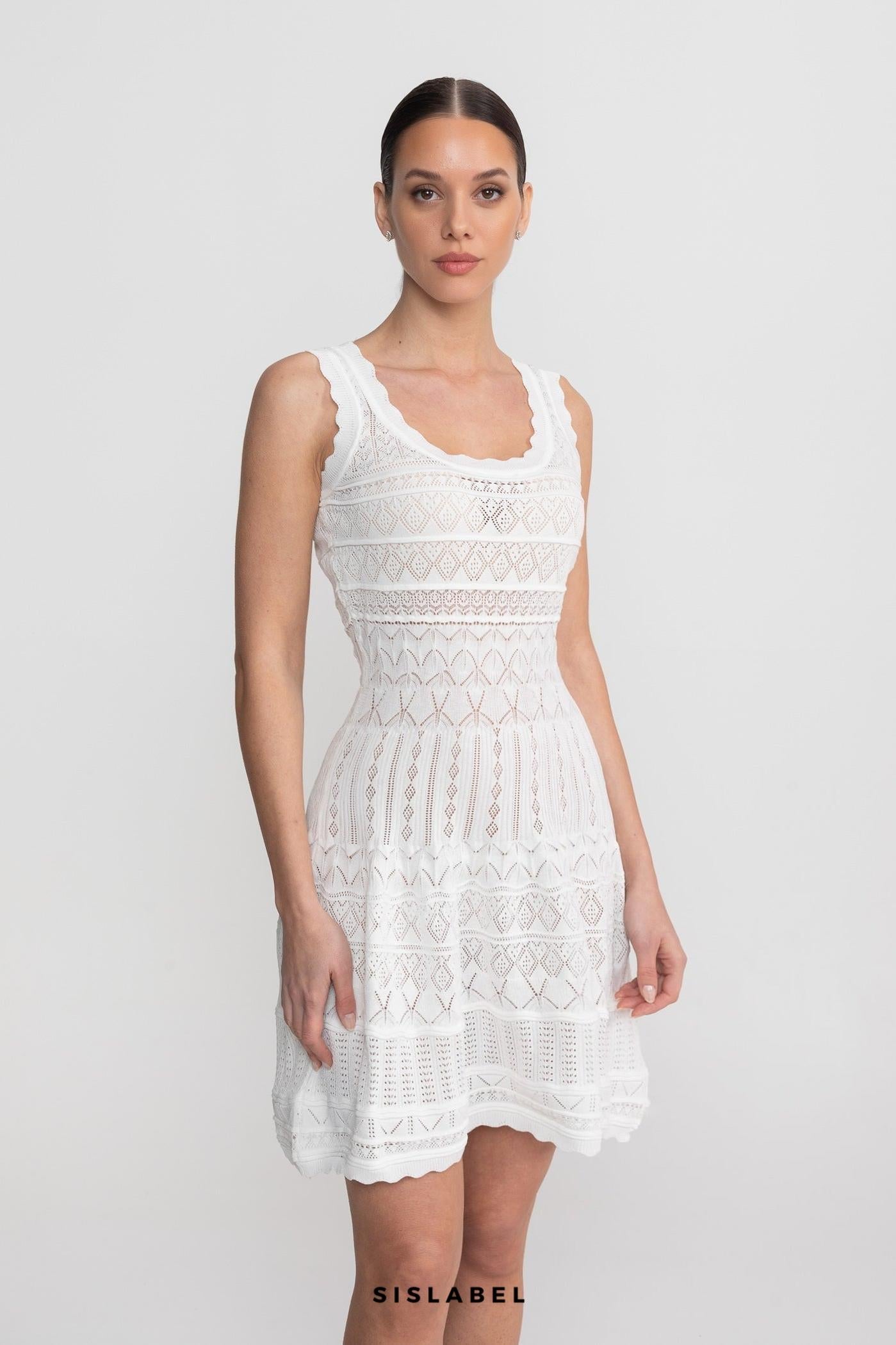Sleeveless Mini Dress With Scalloped Lace Trim - White