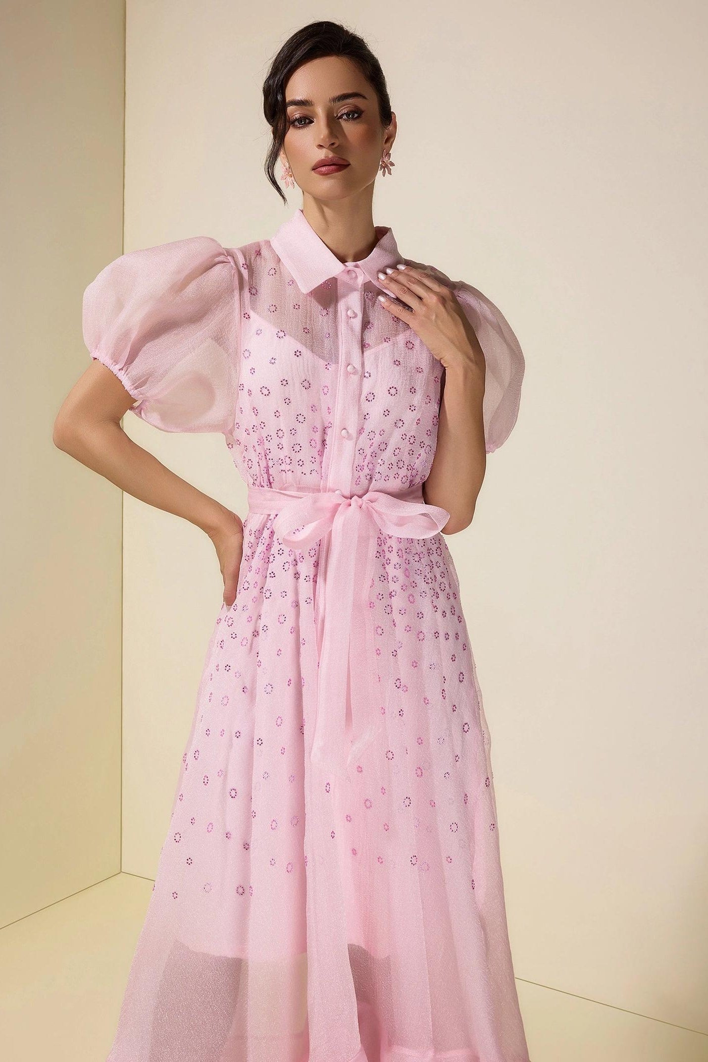 sylvia Rhinestone Puff Sleeve Maxi Dress With Belt - pink