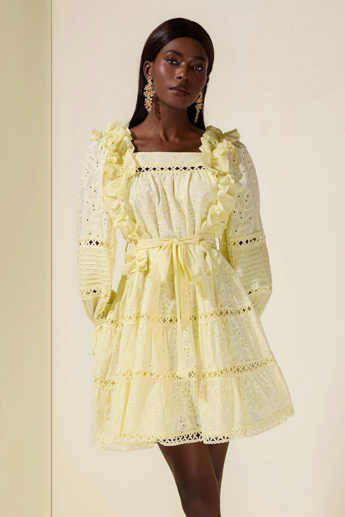 victoria Embroidered hollow Ruffle Mini Dress - yellow