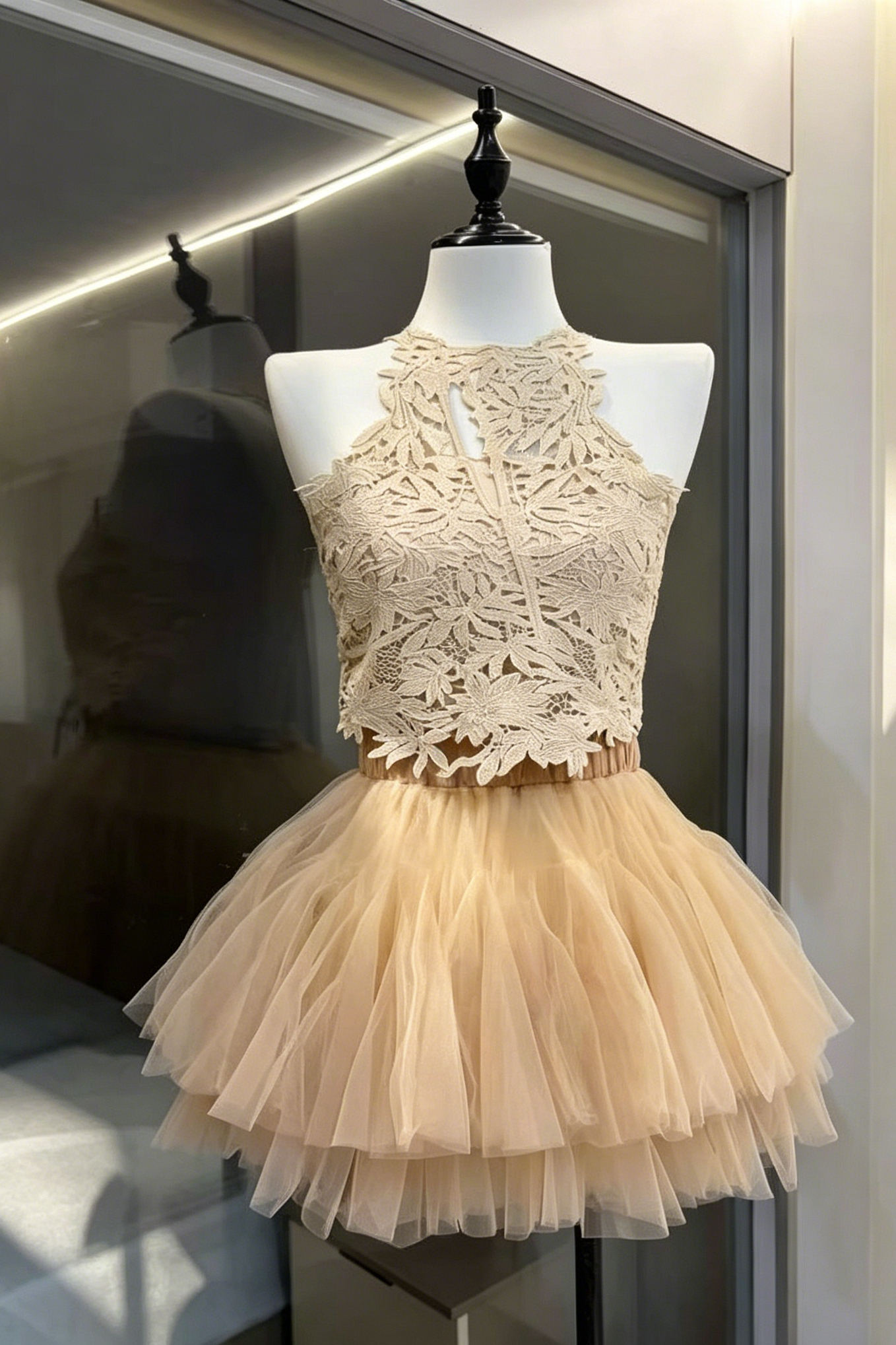 Halter Lace Corset & Puffy Tulle Skirt Two-Piece Set