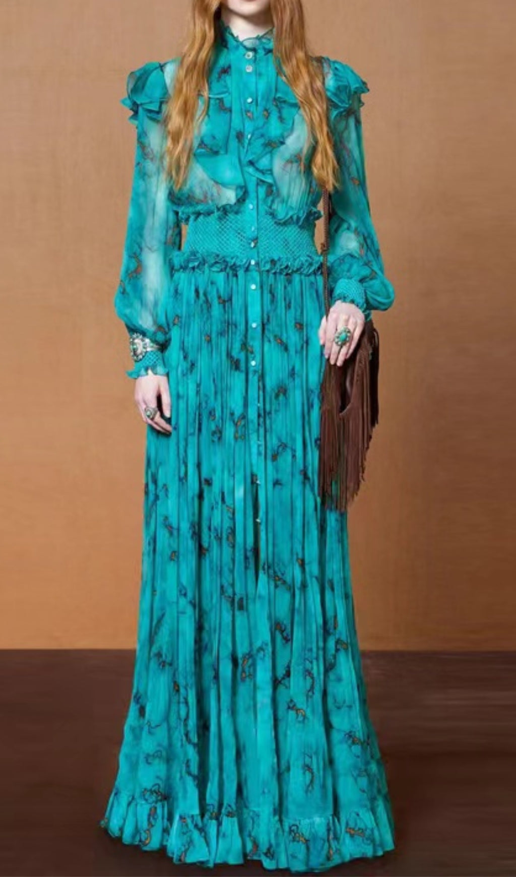 SILK MAXI DRESS WITH MARBLE PRINT-Ownci