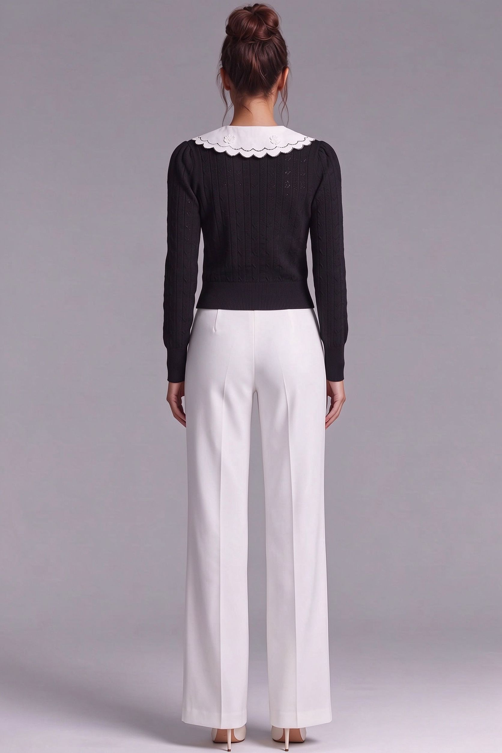 Black Pointelle Knit Cardigan with White Embroidered Collar