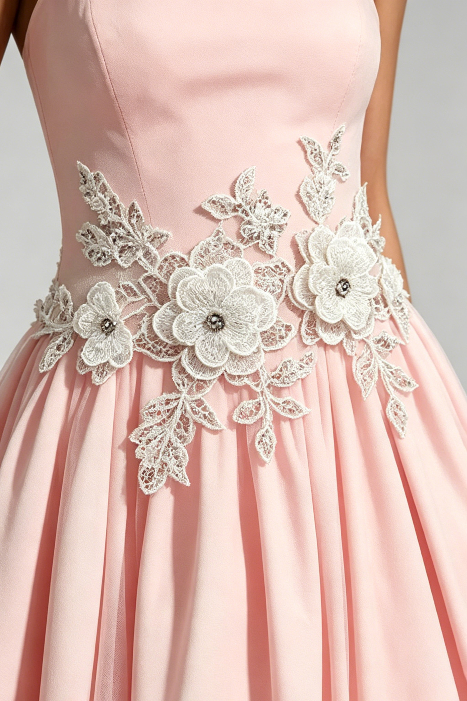 Lace Embroidery Cressida backless puffy Midi Dress - Blush
