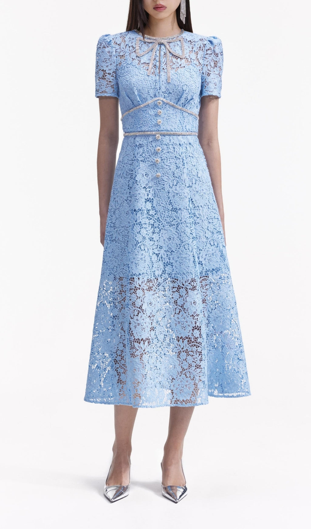 BLUE CORD LACE BOW MIDI DRESS – Artofcb