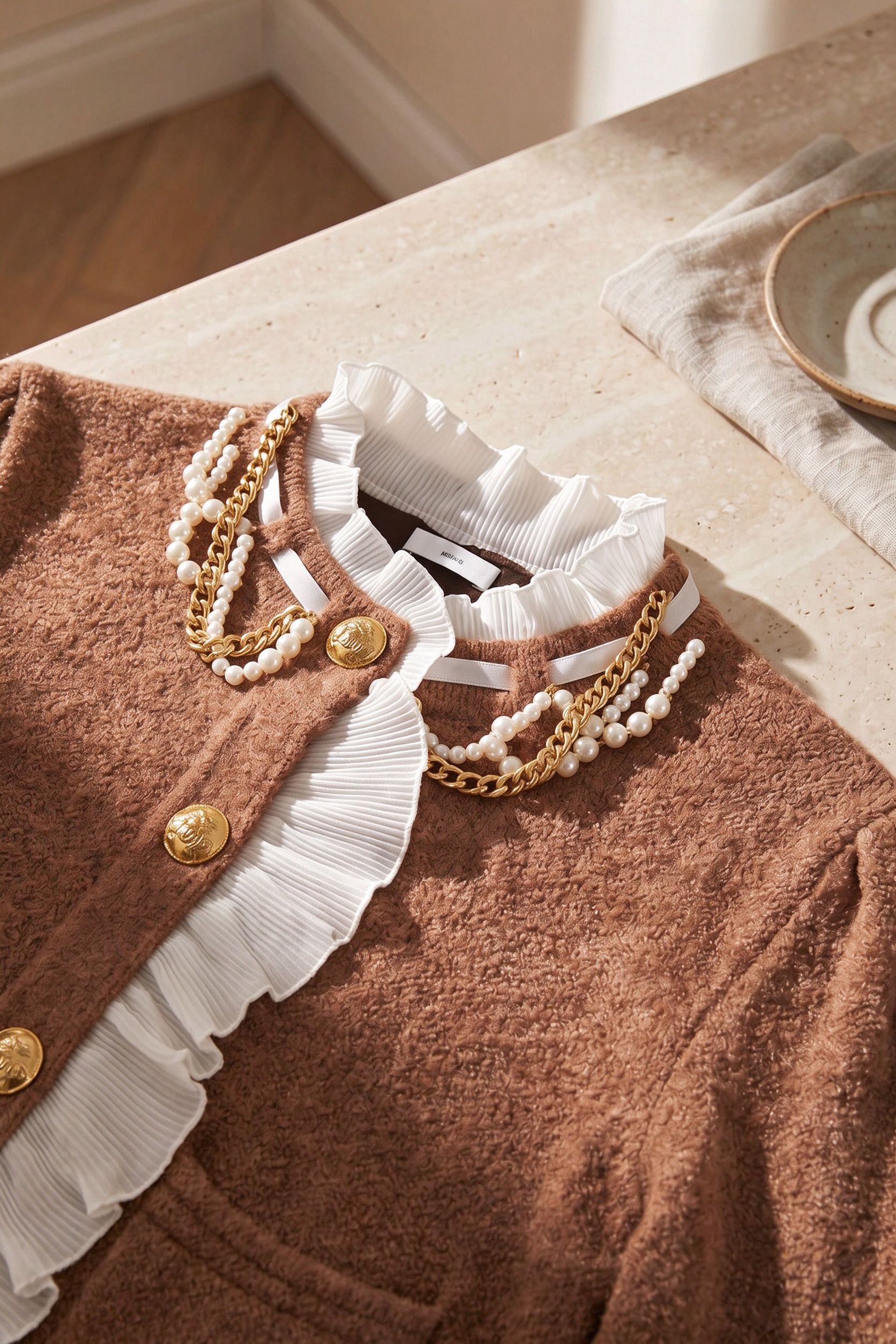 caramel brown textured wool-blend knit fitted, cropped cardigan