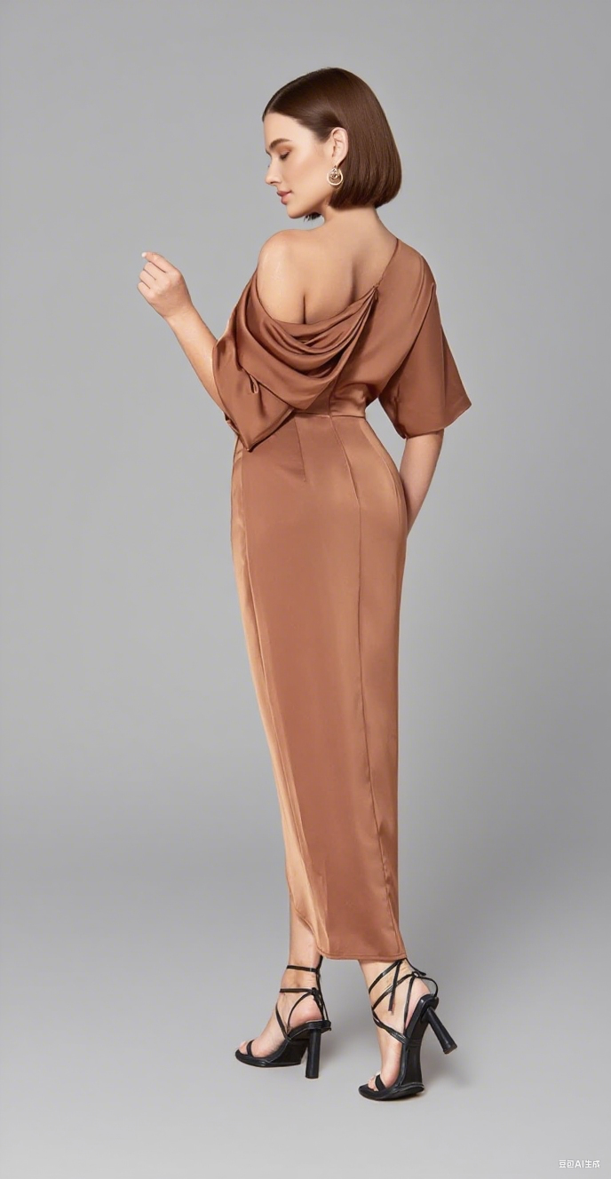 One - Shoulder Draped Slit Midi Dress in Brown