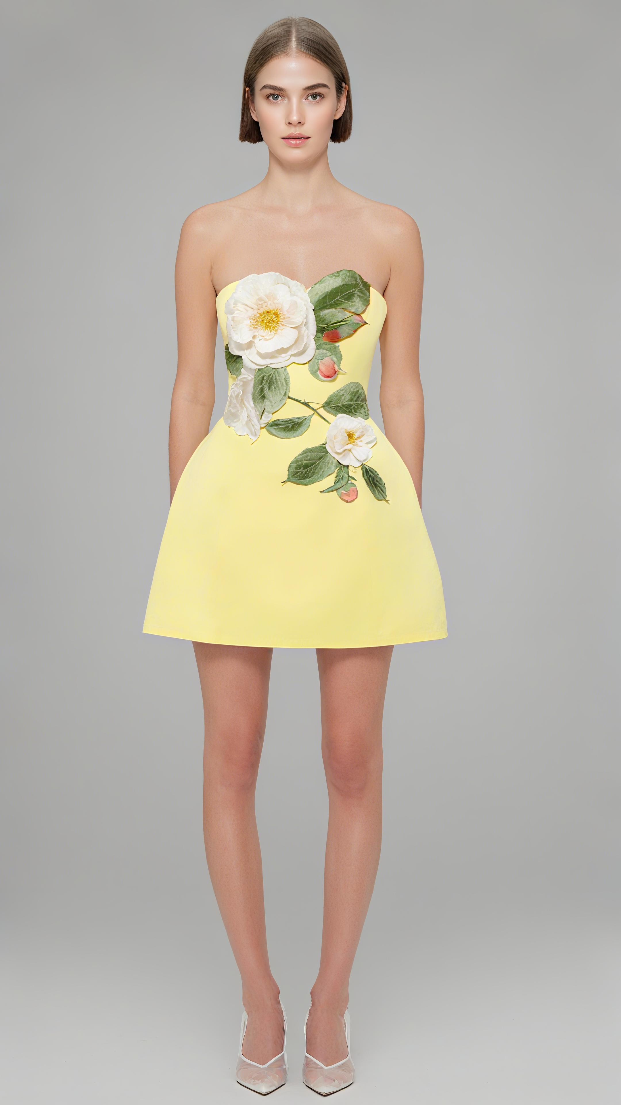 SUZANNE APPLIQUÉ FLORAL BUSTIER MINI DRESS IN YELLOW