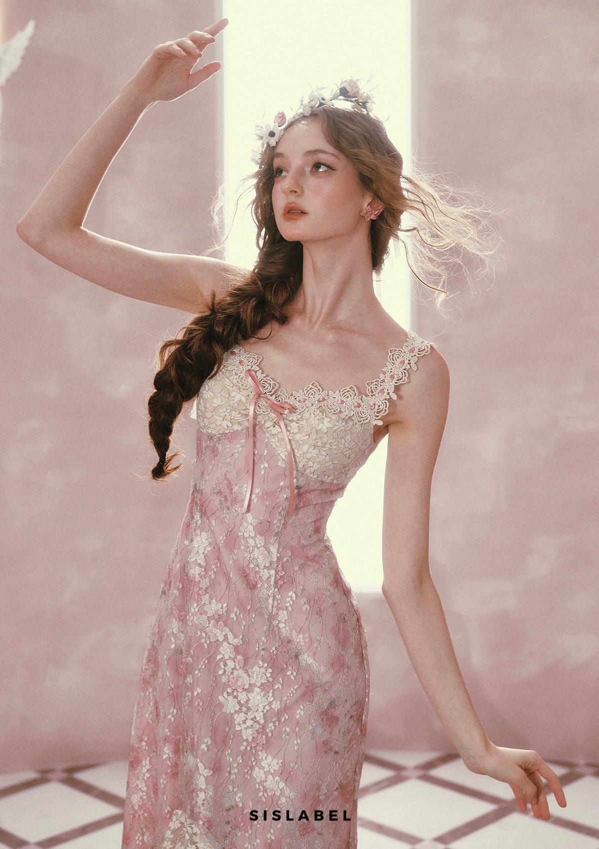 mandy Floral lace embroidery midi dress - pink