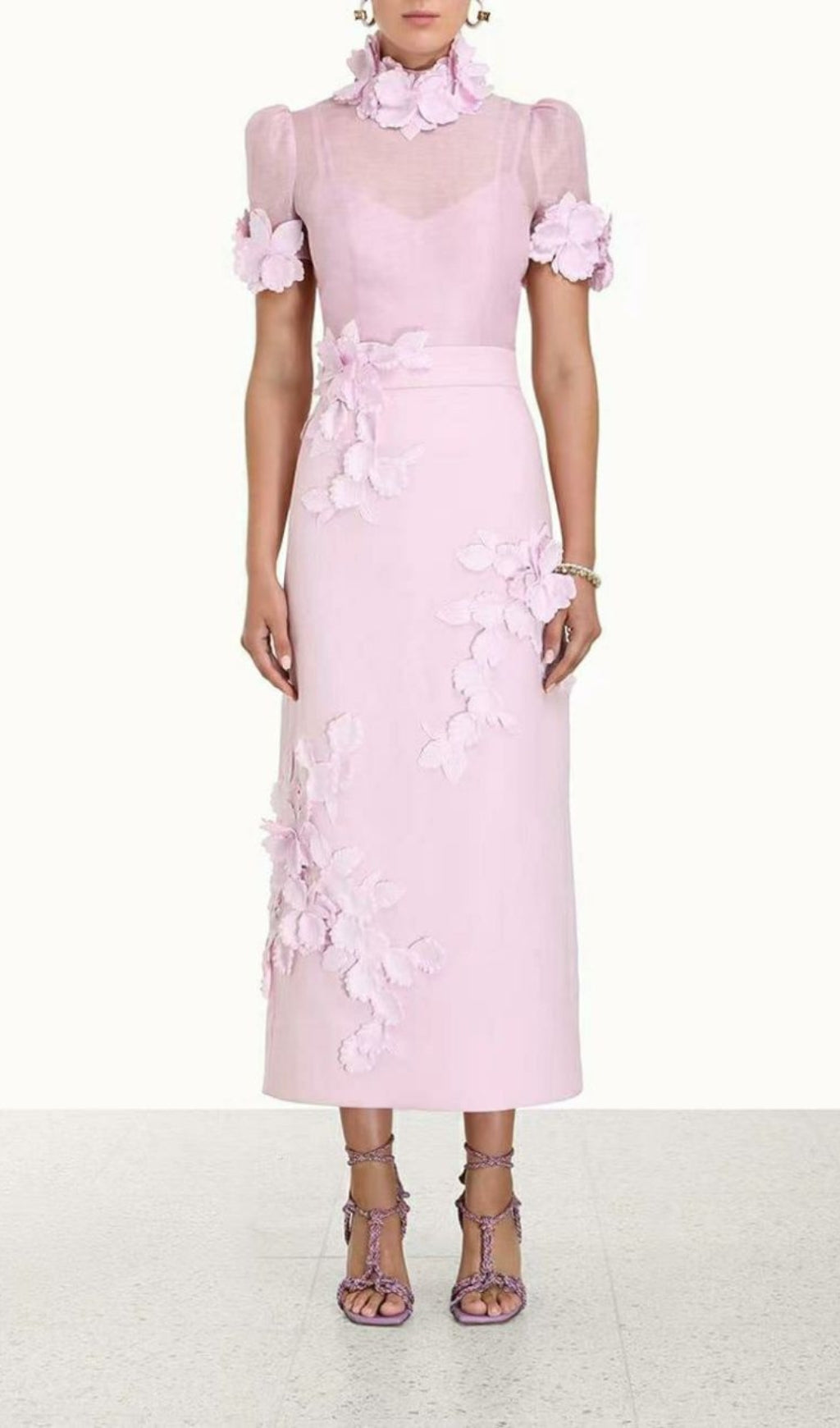 FLORAL APPLIQUÉD MESH MIDI SKIRT SET