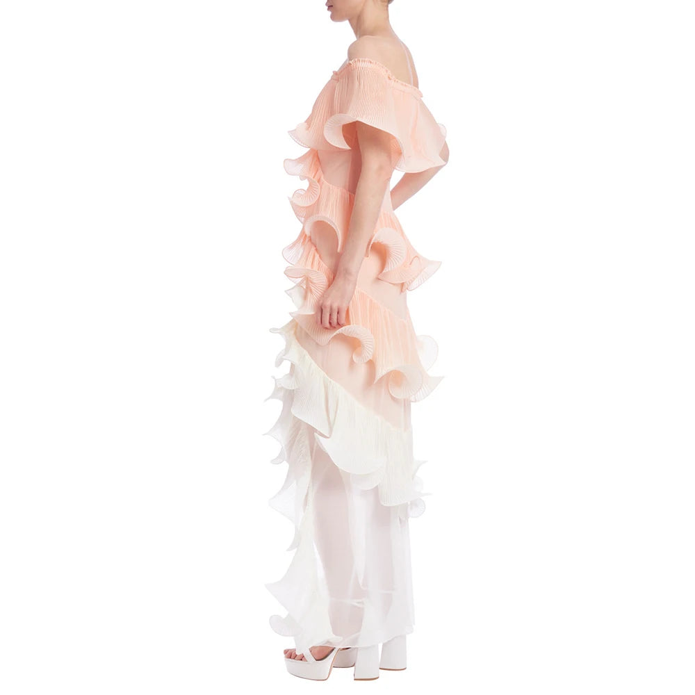 DORA PEACH MULTI OMBRE OFF-SHOULDER PLEATED ORGANZA MAXI DRESS