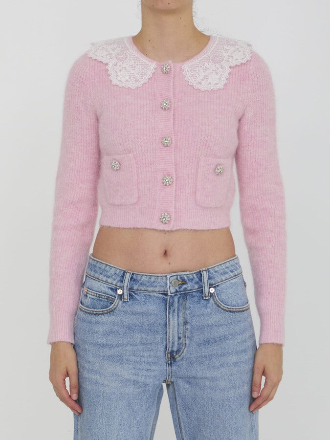Fluffy ribbed-knit stretch-woven blend cardigan in pink