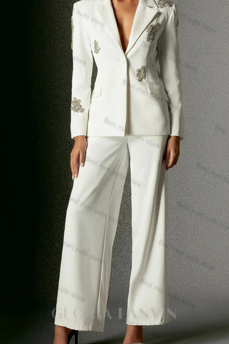 Winee Rhinestones embellished Blazer Set White