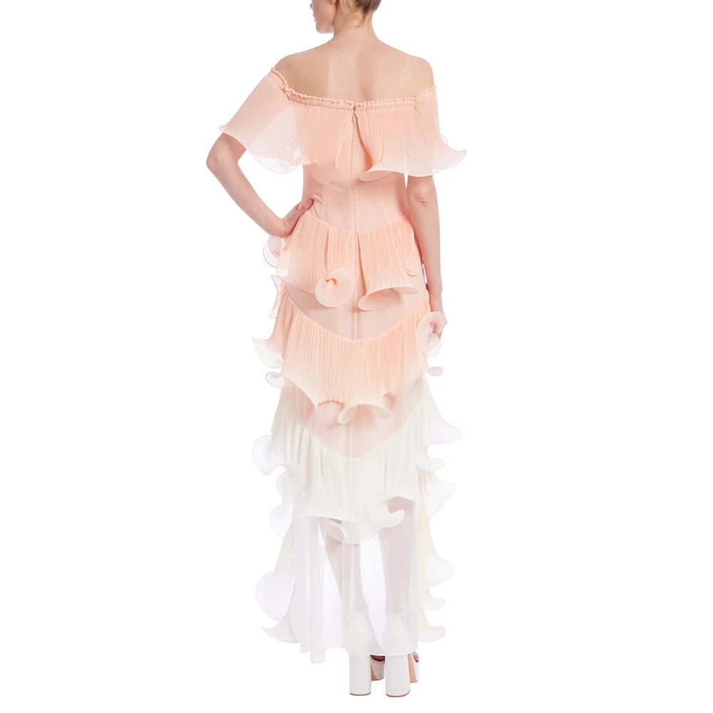 DORA PEACH MULTI OMBRE OFF-SHOULDER PLEATED ORGANZA MAXI DRESS