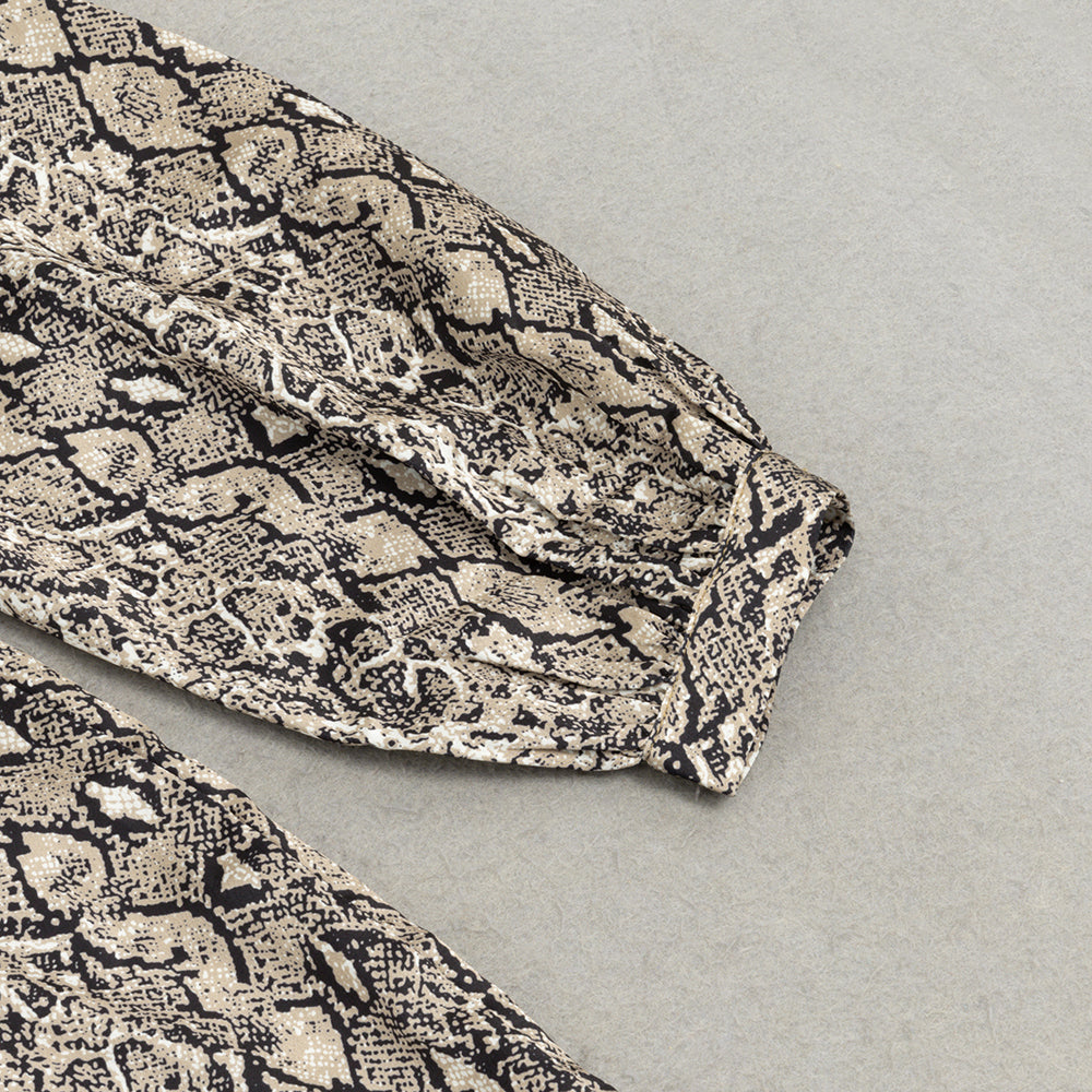 SNAKE PRINT LANTERN SLEEVE MERMAID HEM MAXI DRESS-Ownci