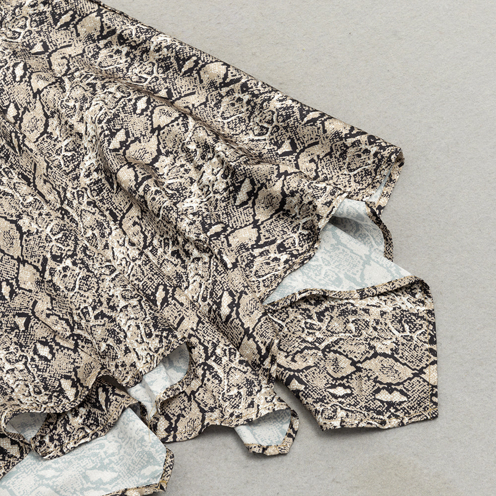 SNAKE PRINT LANTERN SLEEVE MERMAID HEM MAXI DRESS-Ownci
