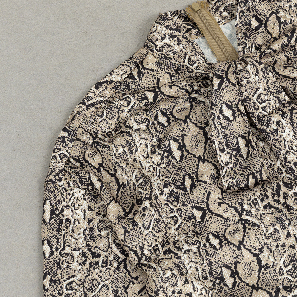 SNAKE PRINT LANTERN SLEEVE MERMAID HEM MAXI DRESS-Ownci