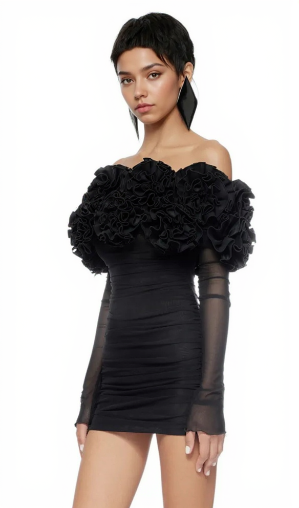 AMITY LONG SLEEVE TULLE FLORAL BARDOT DRESS IN BLACK