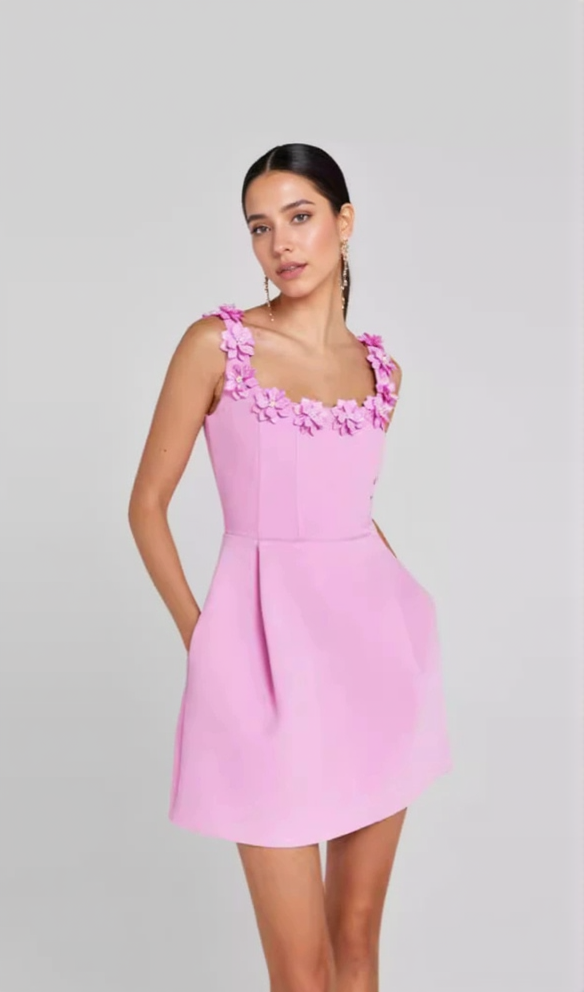 3D FLOWER NECK MINI DRESS IN PINK