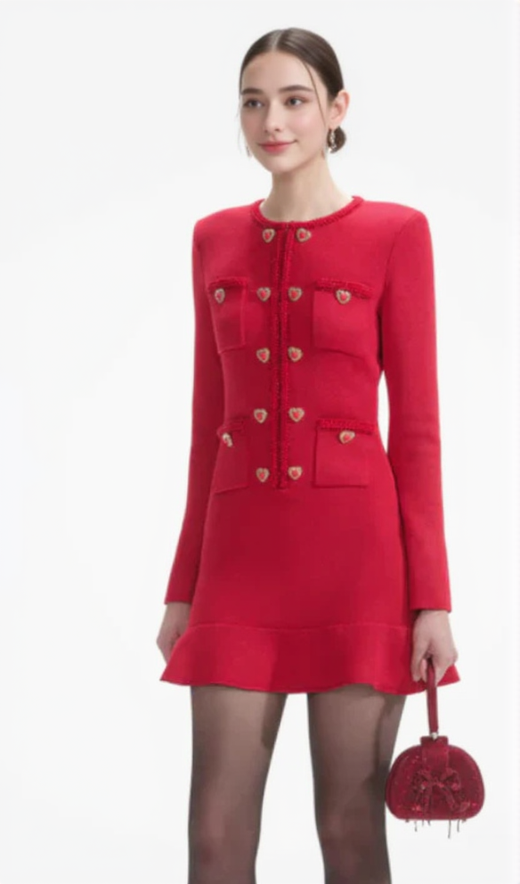 BETTY PATCH-POCKET ROUND-NECK KNITTED MINI DRESS IN RED
