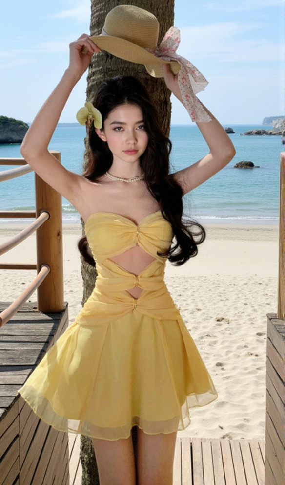 CUT-OUT PLEATED OFF-SHOULDER MINI DRESS IN YELLOW