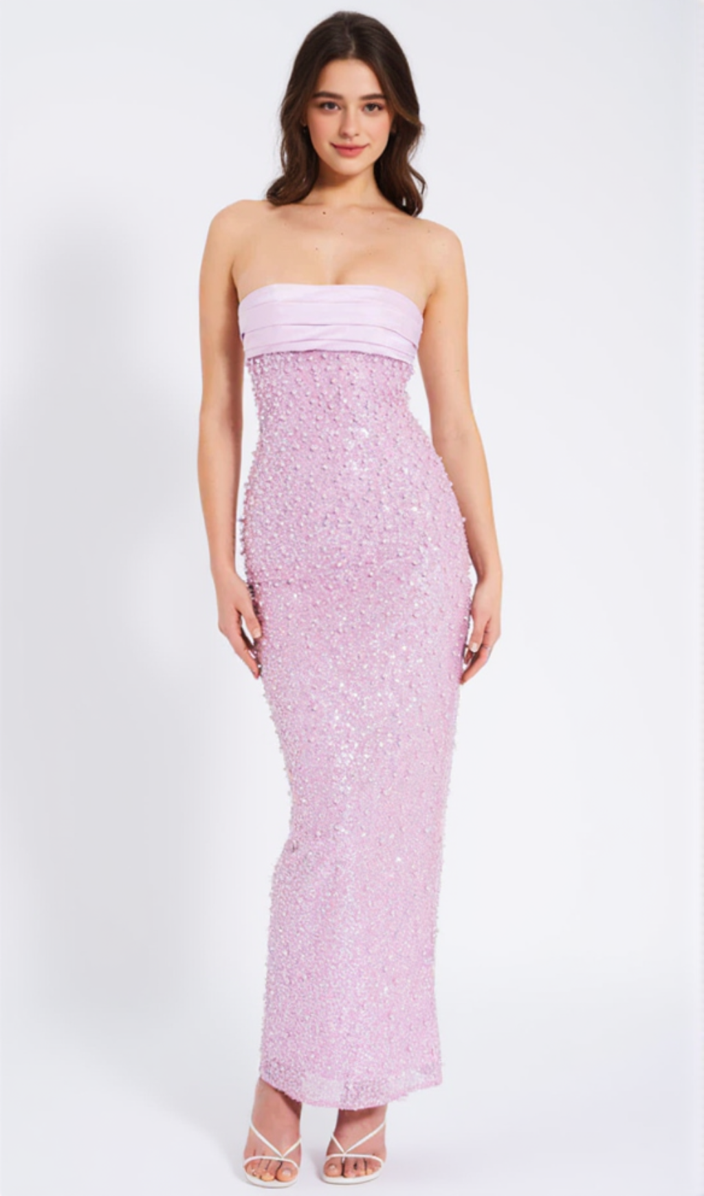 PINK SATIN SEQUIN PEARLS BEADED MAXI DRESS