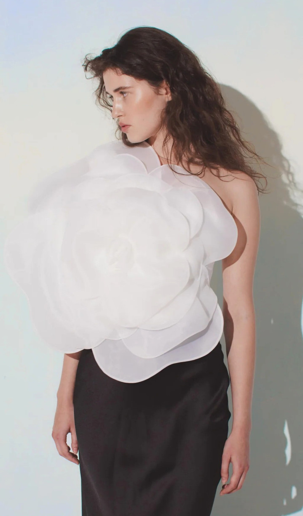 3D WHITE FLOWER ONE-SHOULDER MAXI DRESS IN BLACK