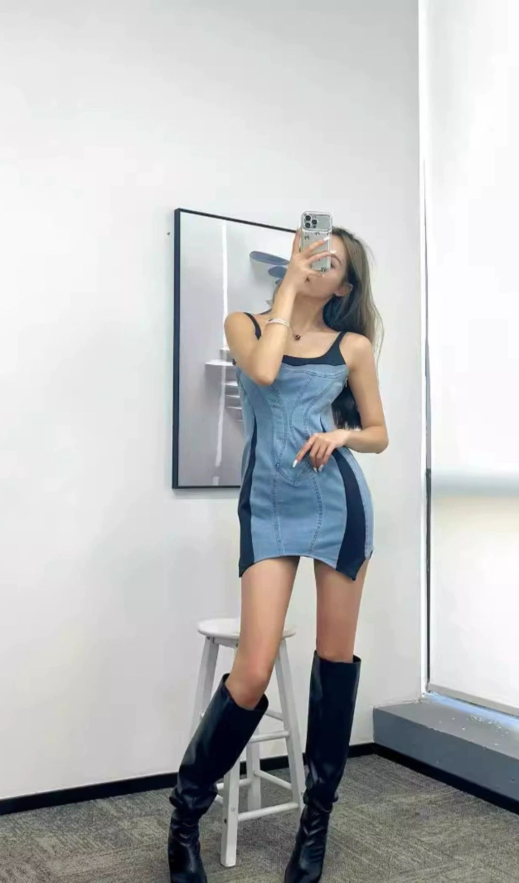 DENIM JERSEY BODYCON MINI DRESS IN BLUE