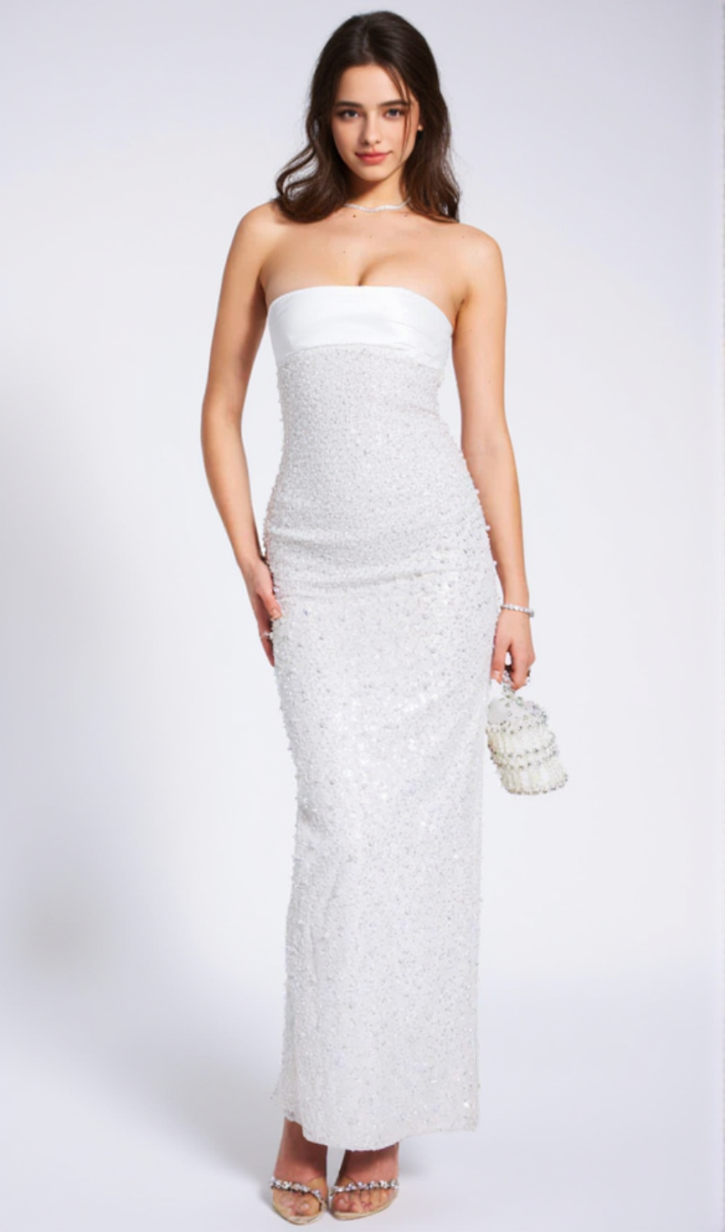 Lainey White Satin Sequin Pearls Beaded Maxi Dress
