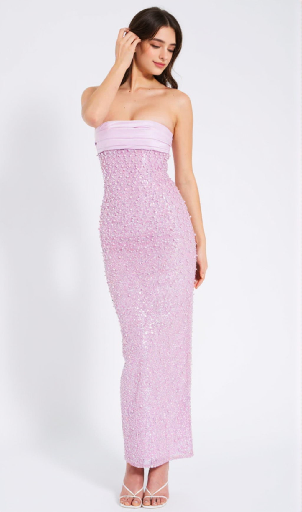 PINK SATIN SEQUIN PEARLS BEADED MAXI DRESS