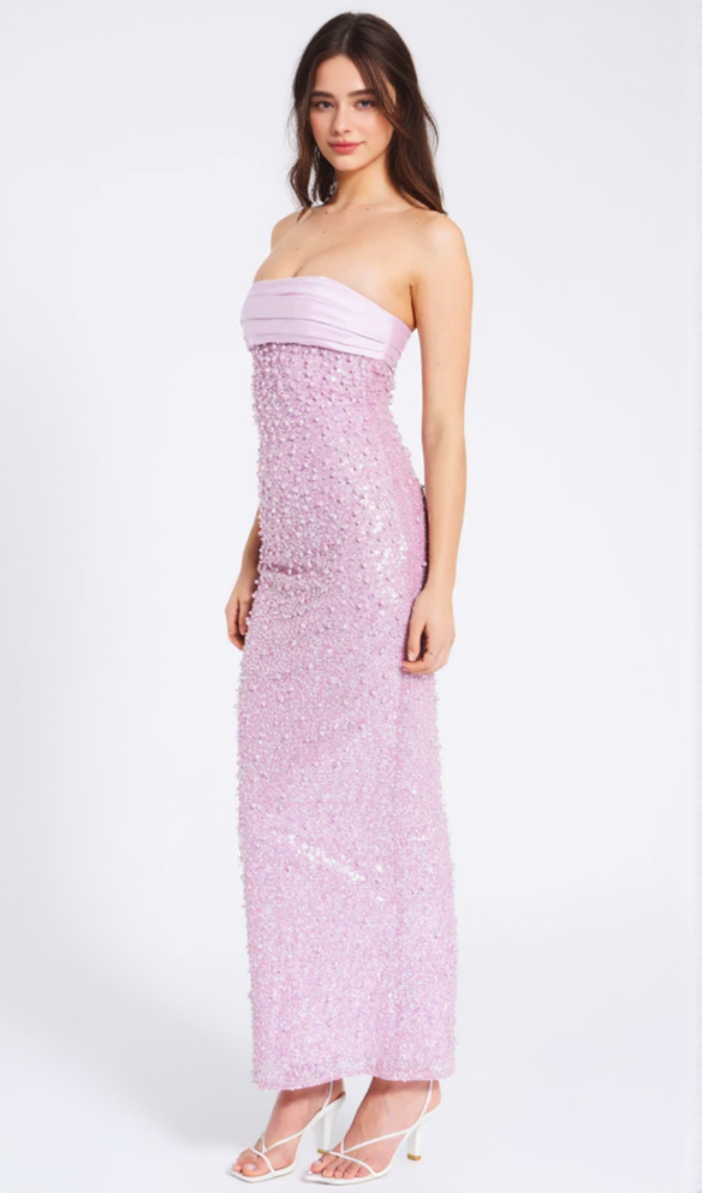 PINK SATIN SEQUIN PEARLS BEADED MAXI DRESS