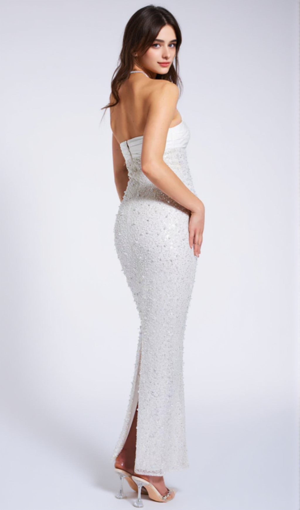 Lainey White Satin Sequin Pearls Beaded Maxi Dress