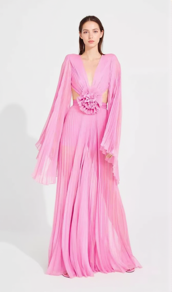 GEORGIA RUCHED FLOWER CUT OUT MAXI DRESS IN PINK