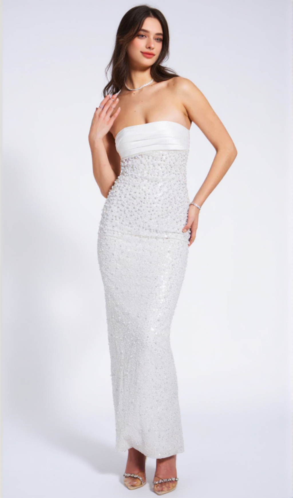 Lainey White Satin Sequin Pearls Beaded Maxi Dress