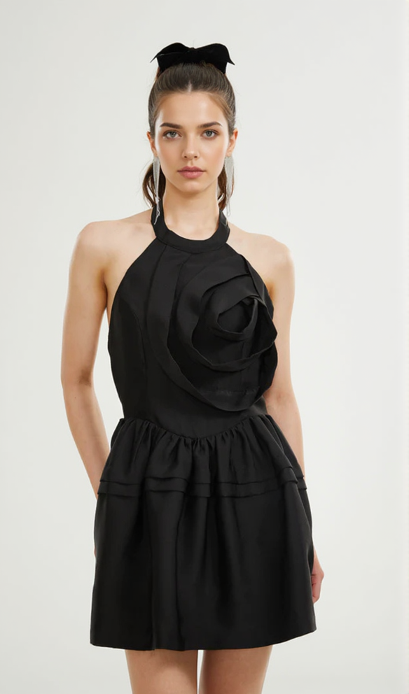 FLORAL APPLIQUÉ HALTER NECK MINI DRESS IN BLACK