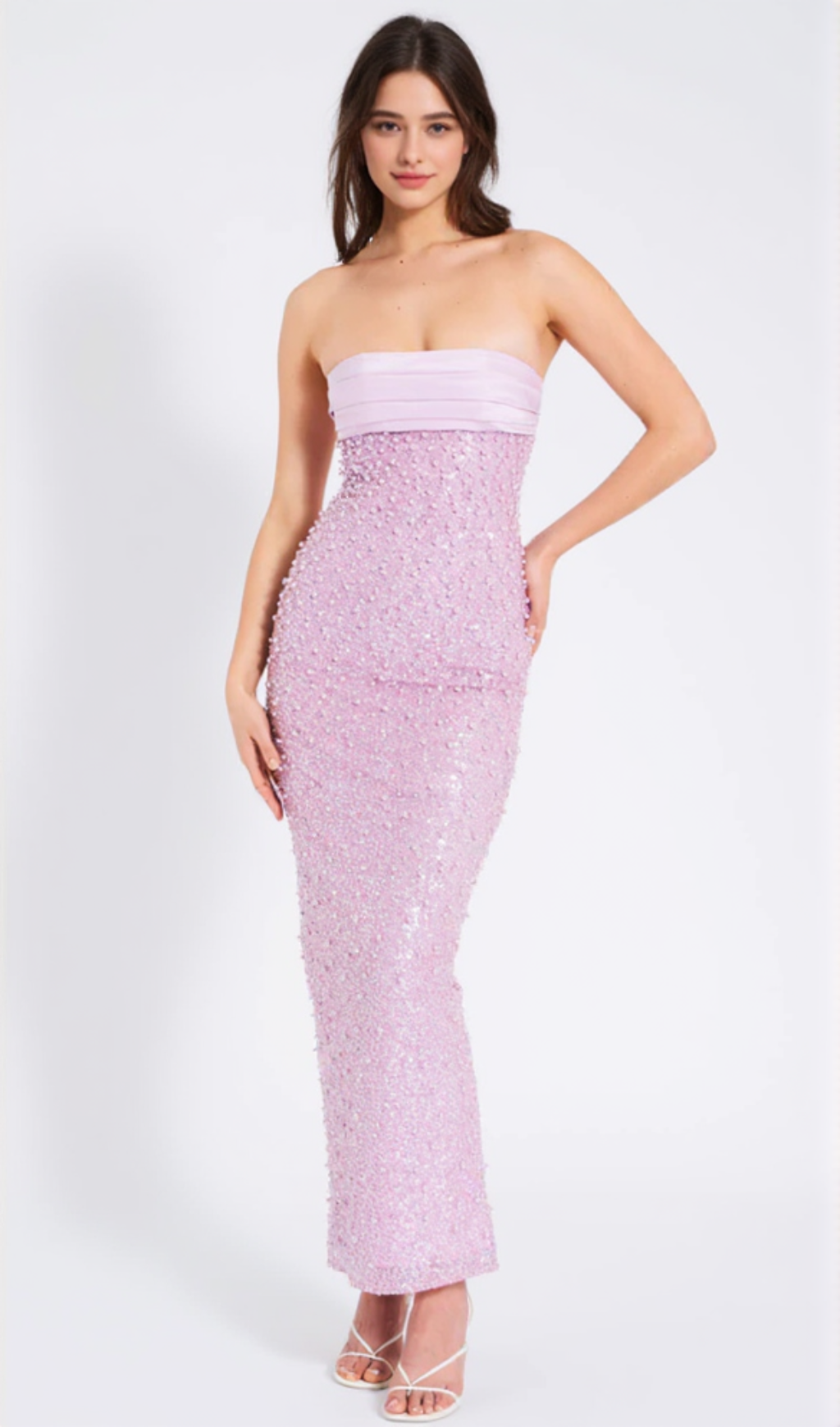 PINK SATIN SEQUIN PEARLS BEADED MAXI DRESS