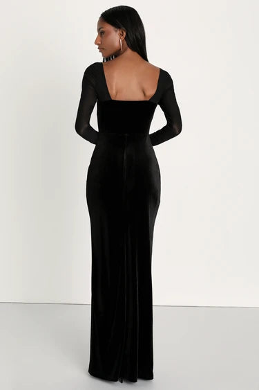 certifiably black velvet mesh long sleeve maxi dress