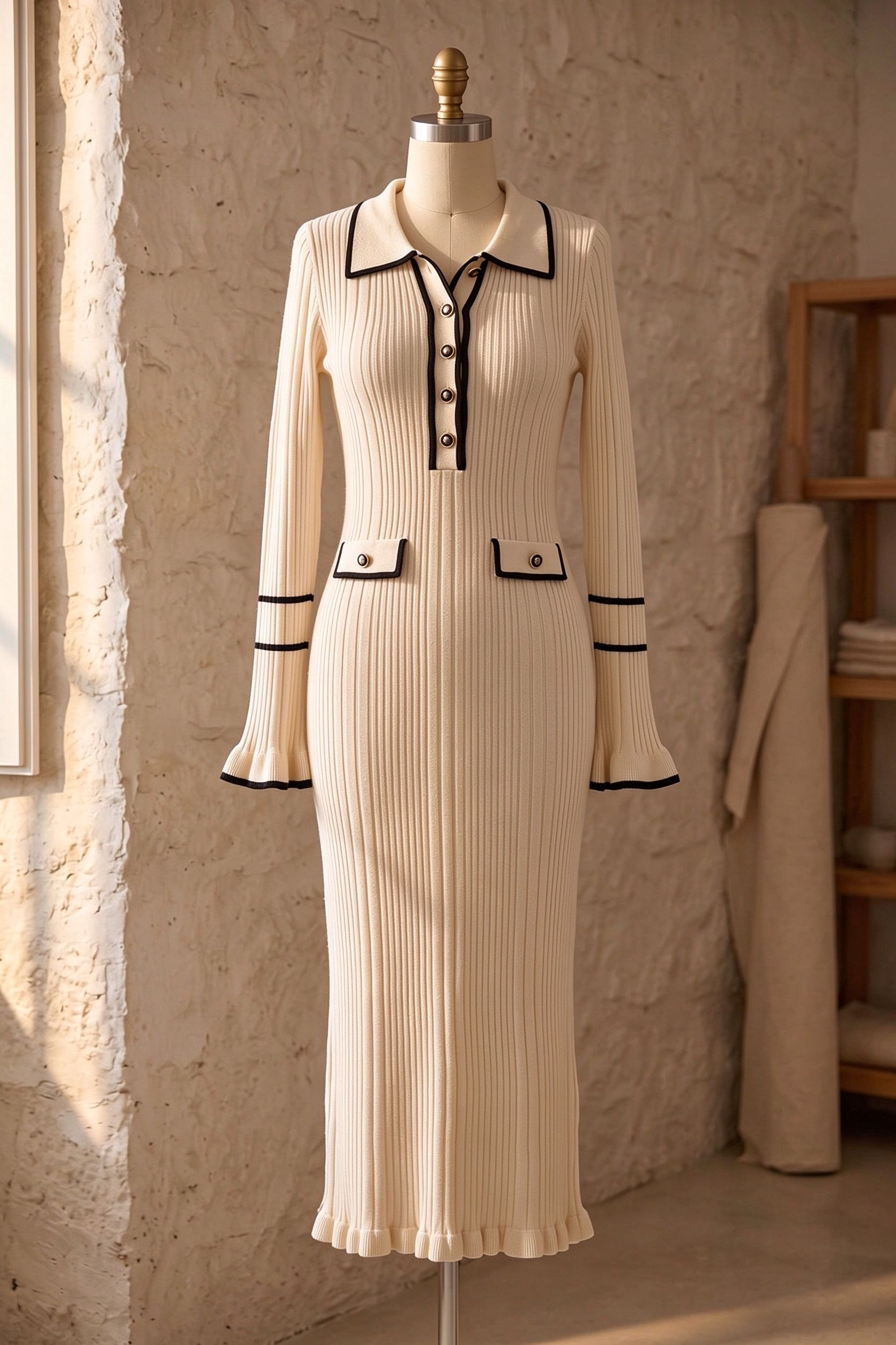 Cream Ribbed Knit Column Dress with Black Contrast Trim