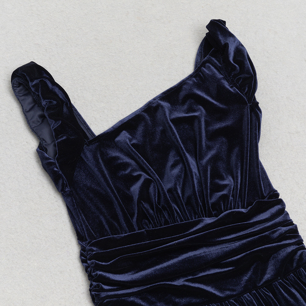 RUCHED WAIST VELVET MAXI DRESS-Ownci