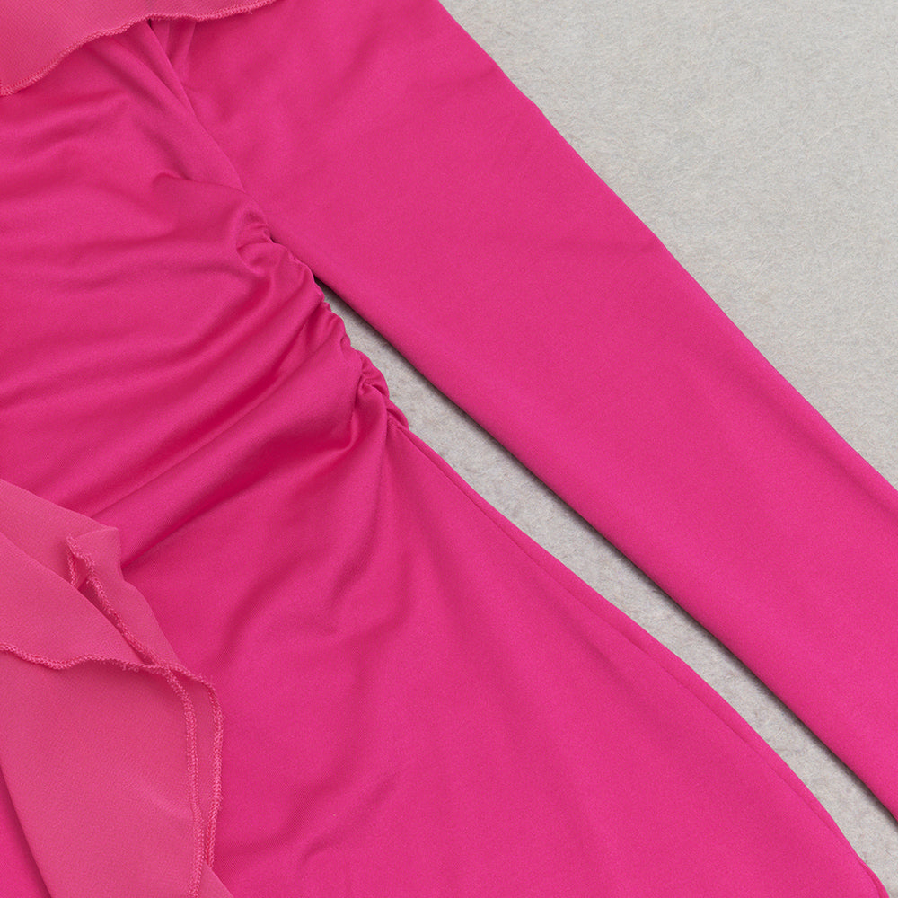 RUFFLED NECKLINE BACK HIGH SLIT MAXI DRESS-Ownci