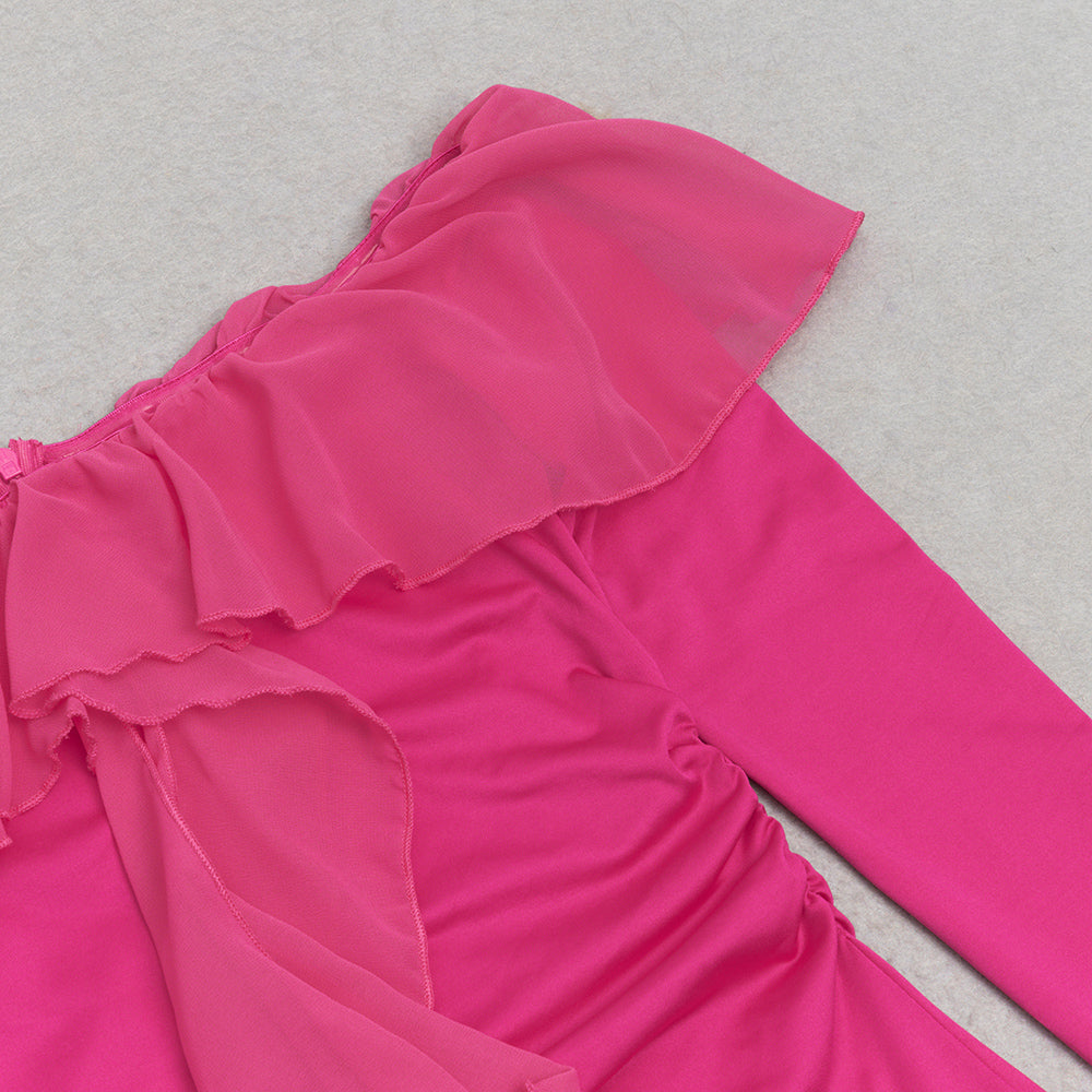 RUFFLED NECKLINE BACK HIGH SLIT MAXI DRESS-Ownci