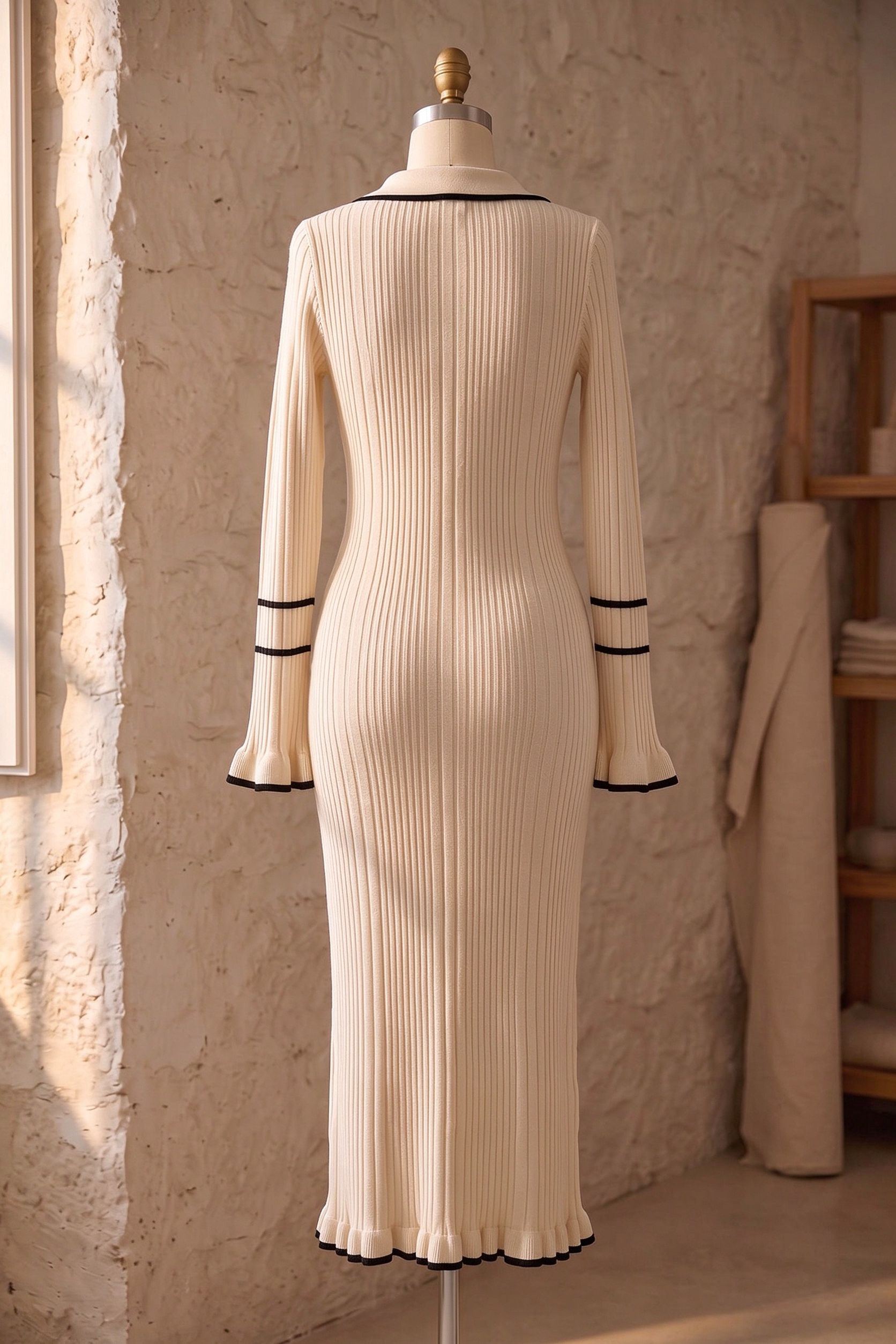Cream Ribbed Knit Column Dress with Black Contrast Trim
