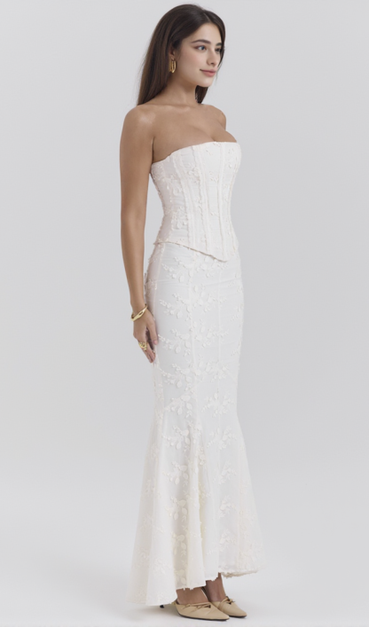 vintage ivory embroidered strapless corset skirt suit