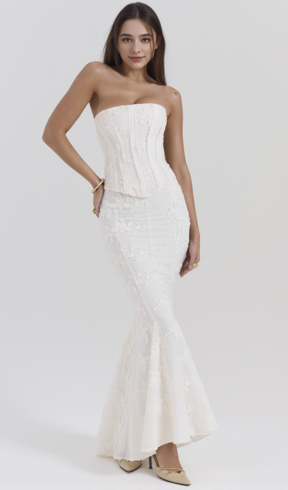 vintage ivory embroidered strapless corset skirt suit