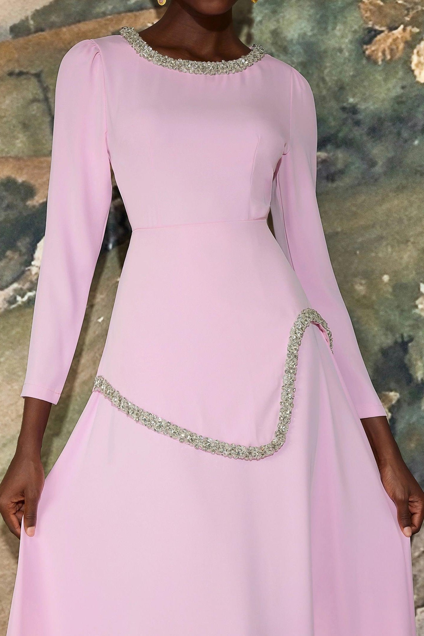 damla Rhinestone embellished Long Sleeve Midi Dress - pink