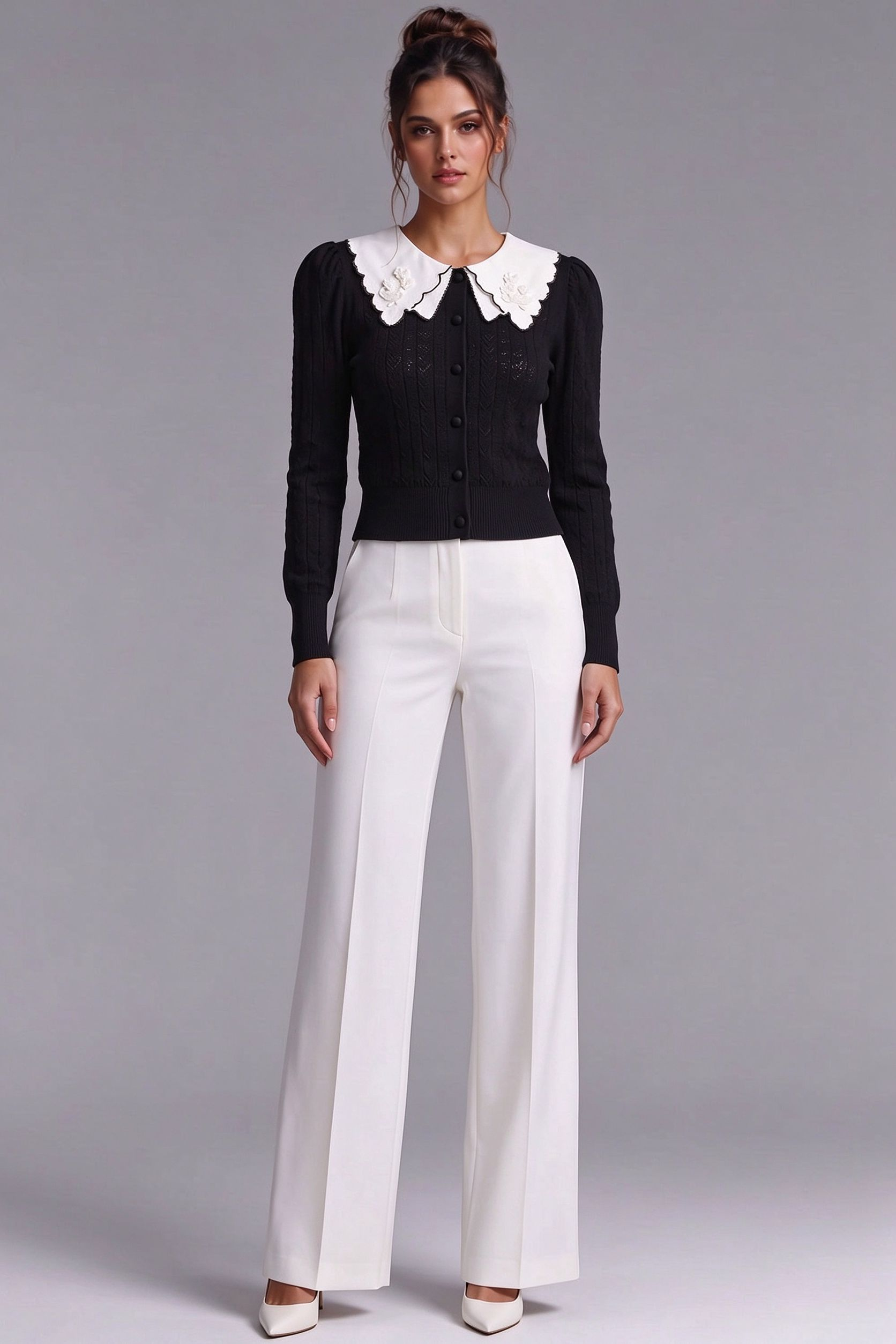 Black Pointelle Knit Cardigan with White Embroidered Collar