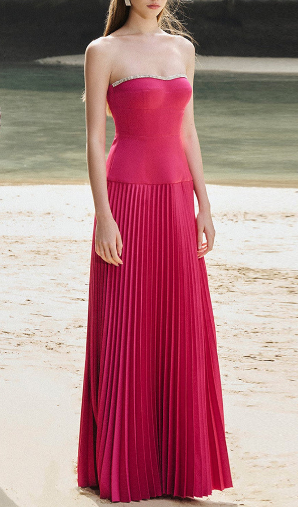 ALIENOR ROSE RED STRAPLESS MAXI DRESS