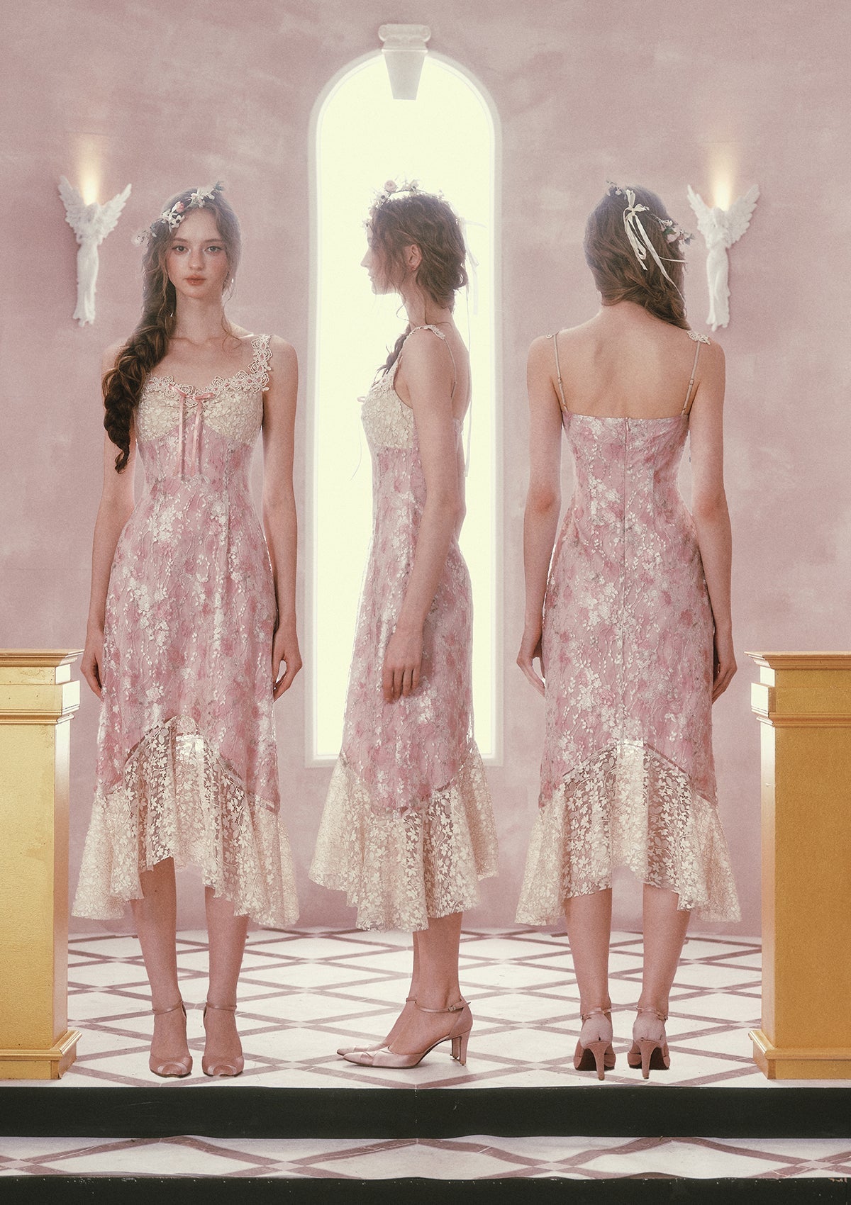 mandy Floral lace embroidery midi dress - pink