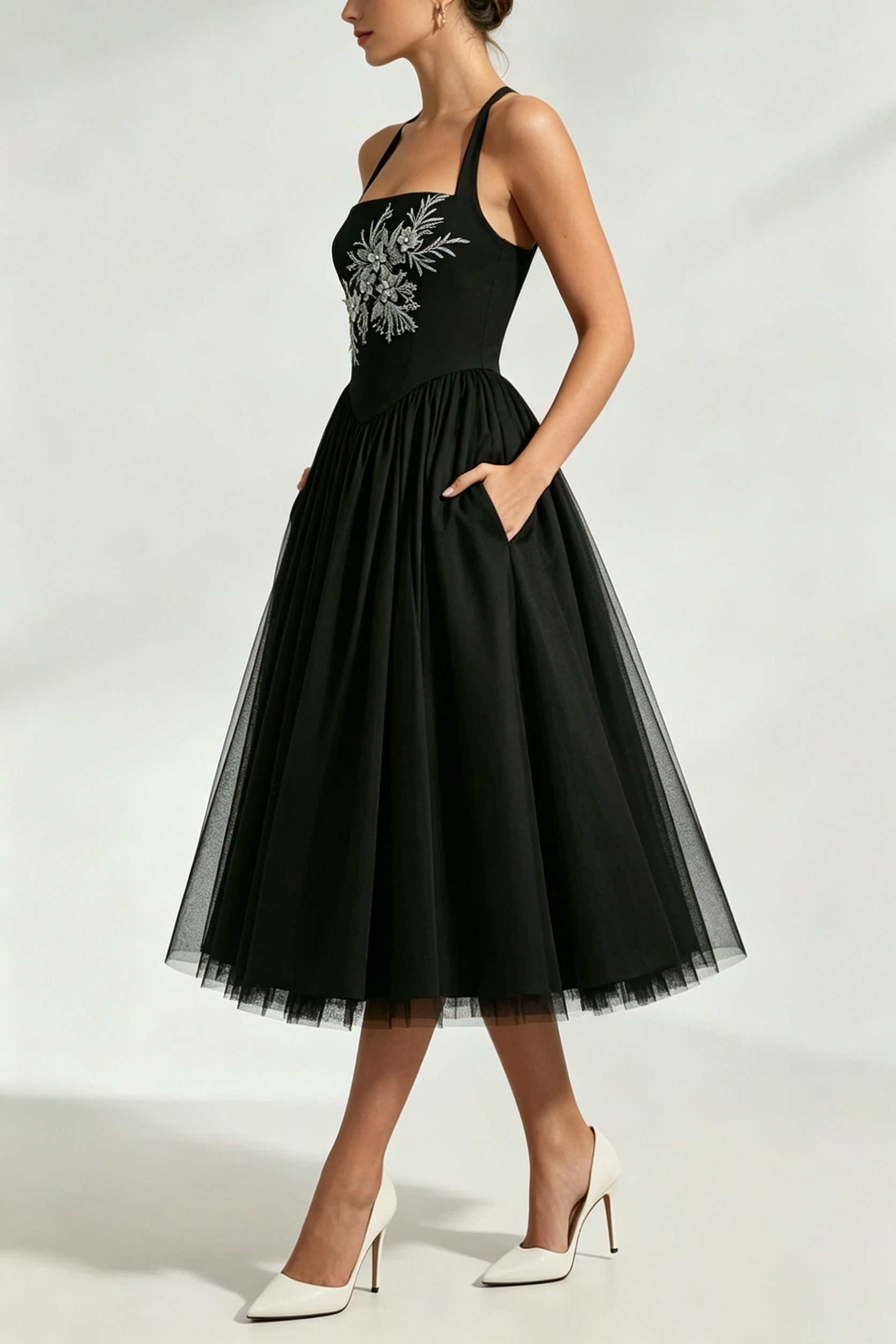 Embroidery Cressida Midi Dress - Black