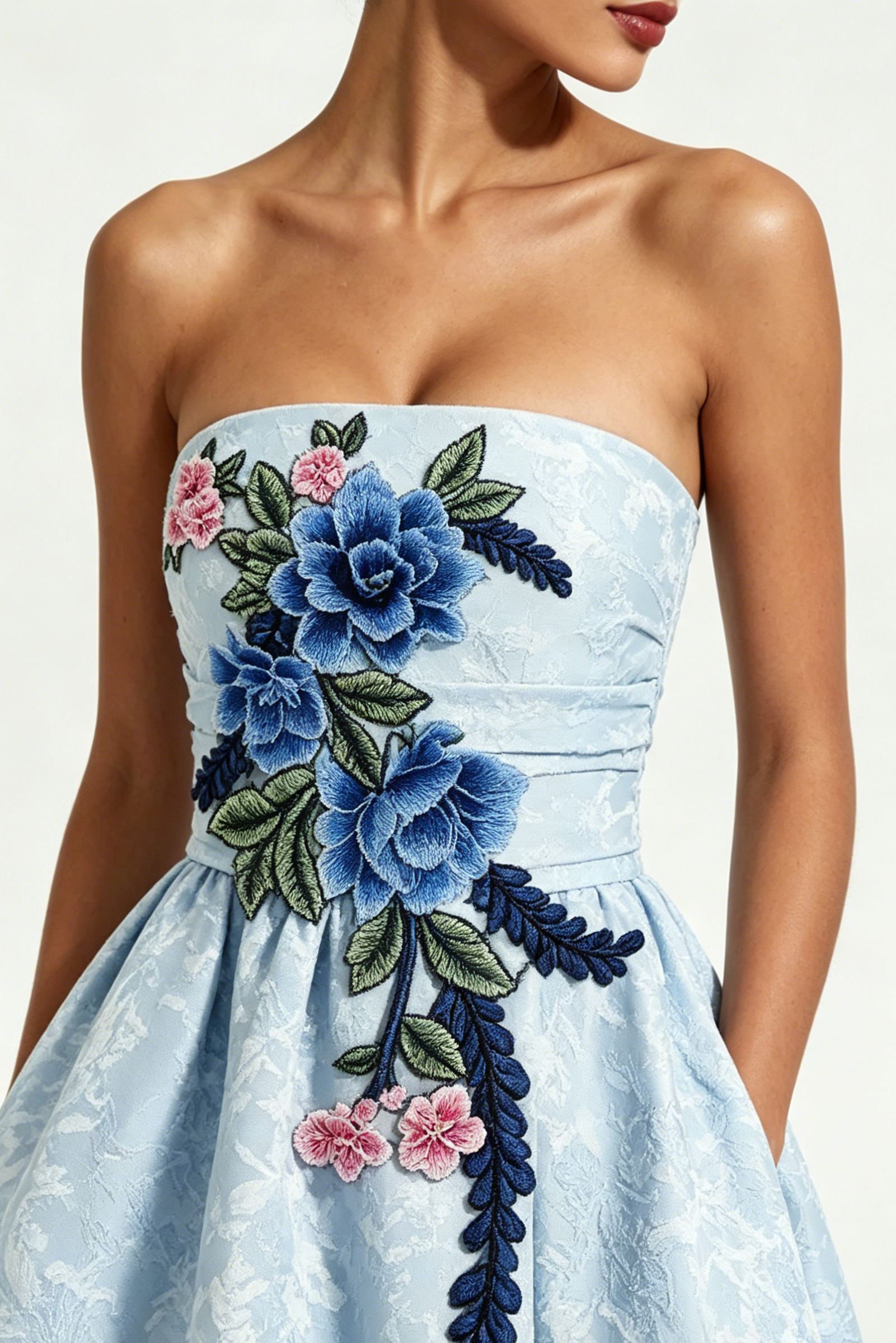 Flower Embroidery Saoirse Midi Dress - Blue
