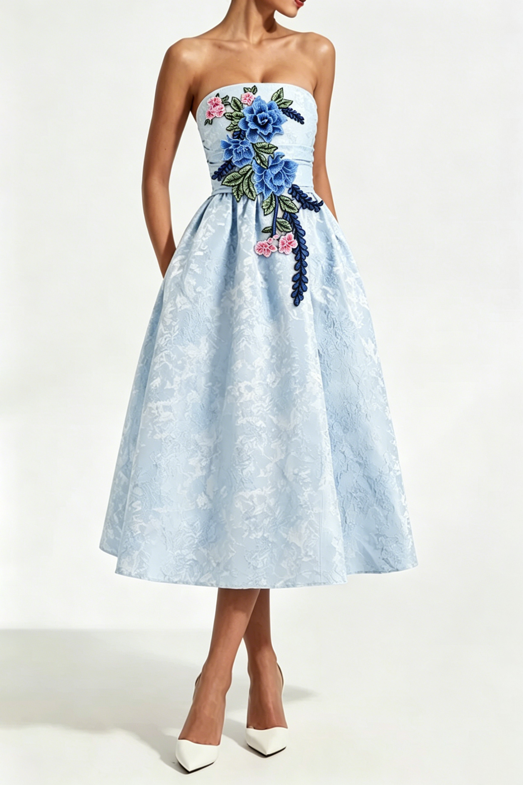 Flower Embroidery Saoirse Midi Dress - Blue